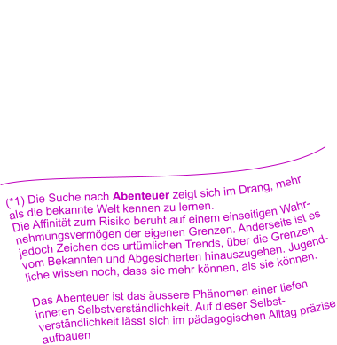 (*1) Die Suche nach Abenteuer zeigt sich im Drang, mehr als die bekannte Welt kennen zu lernen.  Die Affinität zum Risiko beruht auf einem einseitigen Wahrnehmungsvermögen der eigenen Grenzen. Anderseits ist es jedoch Zeichen des urtümlichen Trends, über die Grenzen vom Bekannten und Abgesicherten hinauszugehen. Jugendliche wissen noch, dass sie mehr können, als sie können.   Das Abenteuer ist das äussere Phänomen einer tiefen inneren Selbstverständlichkeit. Auf dieser Selbstverständlichkeit lässt sich im pädagogischen Alltag präzise aufbauen