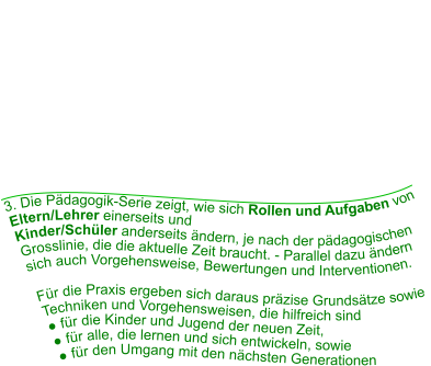 3. Die Pädagogik-Serie zeigt, wie sich Rollen und Aufgaben von Eltern/Lehrer einerseits und  Kinder/Schüler anderseits ändern, je nach der pädagogischen Grosslinie, die die aktuelle Zeit braucht. - Parallel dazu ändern sich auch Vorgehensweise, Bewertungen und Interventionen.   Für die Praxis ergeben sich daraus präzise Grundsätze sowie Techniken und Vorgehensweisen, die hilfreich sind ● für die Kinder und Jugend der neuen Zeit,  ● für alle, die lernen und sich entwickeln, sowie  ● für den Umgang mit den nächsten Generationen