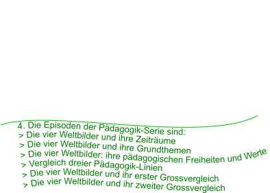 4. Die Episoden der Pädagogik-Serie sind:      > Die vier Weltbilder und ihre Zeiträume     > Die vier Weltbilder und ihre Grundthemen    > Die vier Weltbilder: ihre pädagogischen Freiheiten und Werte    > Vergleich dreier Pädagogik-Linien  > Die vier Weltbilder und ihr erster Grossvergleich > Die vier Weltbilder und ihr zweiter Grossvergleich