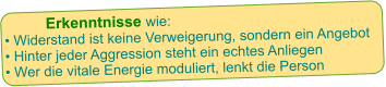 Erkenntnisse wie:  • Widerstand ist keine Verweigerung, sondern ein Angebot • Hinter jeder Aggression steht ein echtes Anliegen • Wer die vitale Energie moduliert, lenkt die Person