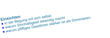 Einsichten  ● in der Begung mit sich selbst  ● warum Sinnhaftigkeit lebendig macht  ● warum pfiffiges Gewähren stärker ist als Dominieren