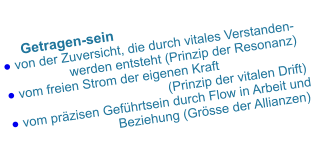 Getragen-sein  ● von der Zuversicht, die durch vitales Verstanden-                   werden entsteht (Prinzip der Resonanz) ● vom freien Strom der eigenen Kraft               (Prinzip der vitalen Drift) ● vom präzisen Geführtsein durch Flow in Arbeit und                    Beziehung (Grösse der Allianzen)
