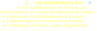 3. ... ein meisterliches Ziel                In drei Top-Bereichen die Führung und Kommunikation zur wirklichen Meisterschaft bringen:    ● in Betrieben (mit Mitarbeitenden & Kunden)   ● in Beziehungen (mit Anderen & sich selbst)    ● in Pädagogik (für Eltern, Lehrer, Begleitende)