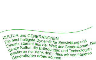 KULTUR und GENERATIONEN Die nachhaltigste Dynamik für Entwicklung und Einsatz stammt aus der Welt der Generationen. Die ganze Kultur, die Erfindungen und Technologien existieren nur dank dem, dass wir von früheren Generationen erben können