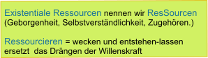 Existentiale Ressourcen nennen wir ResSourcen  (Geborgenheit, Selbstverständlichkeit, Zugehören.)  Ressourcieren = wecken und entstehen-lassen  ersetzt  das Drängen der Willenskraft