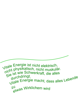 Vitale Energie ist nicht elektrisch,  nicht physikalisch, nicht muskulär.  Sie ist wie Schwerkraft, die alles     durchdringt.  Vitale Energie macht, dass alles Lebende zu  etwas Wirklichem wird